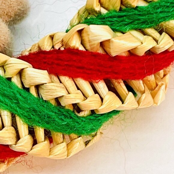 Vintage Christmas Ornament Straw Wreath With Teddy Bear Green & Red Wool Strings - Picture 6 of 12